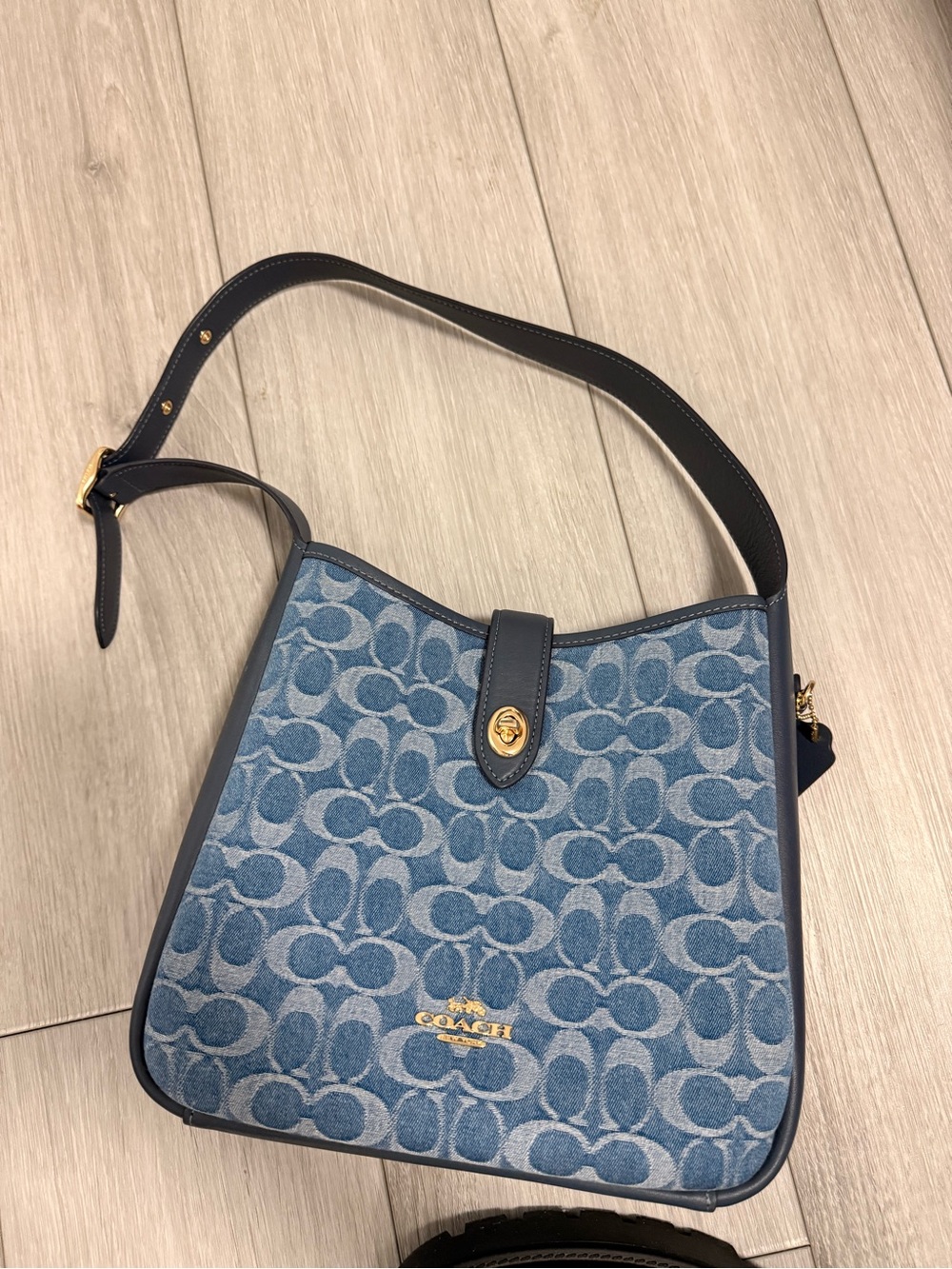 Coach Denim Signature Logo Shoulder Bag in Blue with Navy Trim